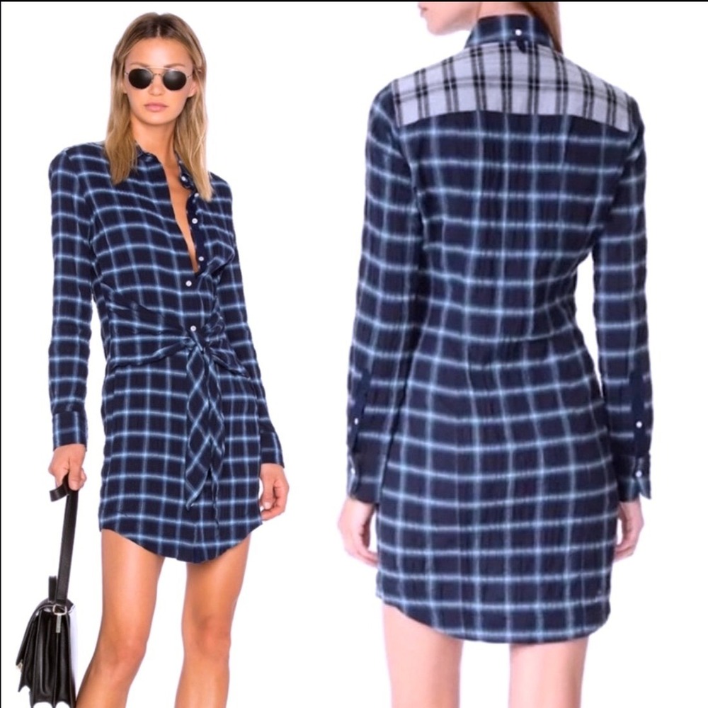 Rag & Bone Womens Sadie Shirt Dress S Blue Plaid Tie Front Fall Boho Mini Cotton